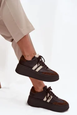 Skórzane Sneakersy Damskie Na Platformie Zazoo 3775 Czekoladowe