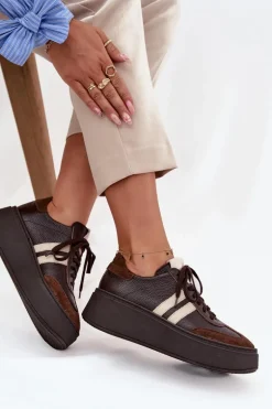 Skórzane Sneakersy Damskie Na Platformie Zazoo 3775 Czekoladowe