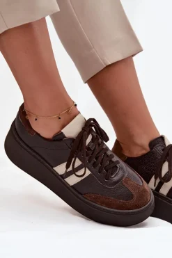 Skórzane Sneakersy Damskie Na Platformie Zazoo 3775 Czekoladowe