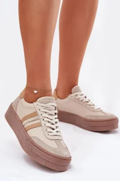 Skórzane Sneakersy Damskie Na Platformie Zazoo N1234 Beżowe
