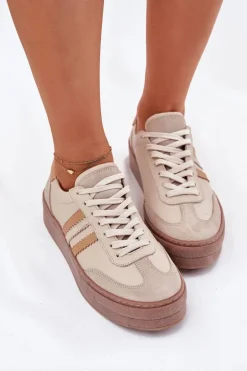 Skórzane Sneakersy Damskie Na Platformie Zazoo N1234 Beżowe