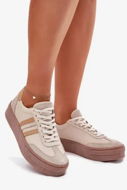 Skórzane Sneakersy Damskie Na Platformie Zazoo N1234 Beżowe