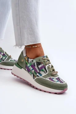 Skórzane Sneakersy Damskie Na Platformie Maciejka 06390-09 Seledynowe