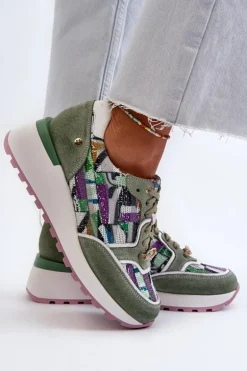 Skórzane Sneakersy Damskie Na Platformie Maciejka 06390-09 Seledynowe