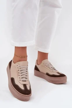 Skórzane Sneakersy Damskie Na Platformie Zazoo N1269S2 Beżowe