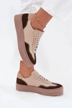 Skórzane Sneakersy Damskie Na Platformie Zazoo N1269S2 Beżowe