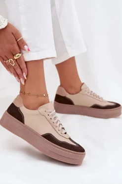 Skórzane Sneakersy Damskie Na Platformie Zazoo N1269S2 Beżowe
