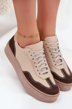 Skórzane Sneakersy Damskie Na Platformie Zazoo N1269S2 Beżowe