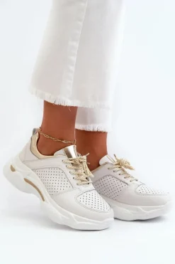 Skórzane Sneakersy Damskie Na Grubej Podeszwie Biało-Złote Dzumati