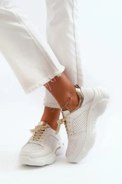 Skórzane Sneakersy Damskie Na Grubej Podeszwie Biało-Złote Dzumati