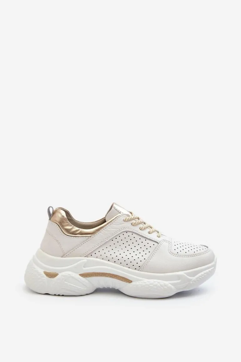 Skórzane Sneakersy Damskie Na Grubej Podeszwie Biało-Złote Dzumati