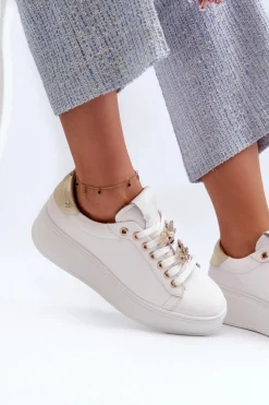 Skórzane Sneakersy Damskie Na Platformie Z Przypinkami D&A SN67 Białe