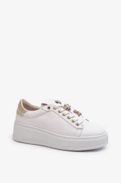 Skórzane Sneakersy Damskie Na Platformie Z Przypinkami D&A SN67 Białe