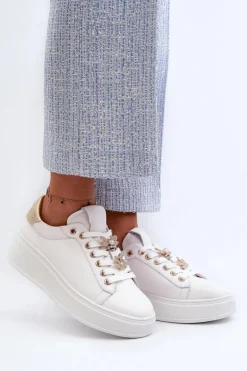 Skórzane Sneakersy Damskie Na Platformie Z Przypinkami D&A SN67 Białe