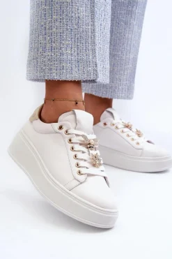 Skórzane Sneakersy Damskie Na Platformie Z Przypinkami D&A SN67 Białe
