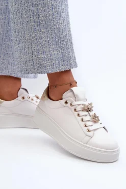 Skórzane Sneakersy Damskie Na Platformie Z Przypinkami D&A SN67 Białe