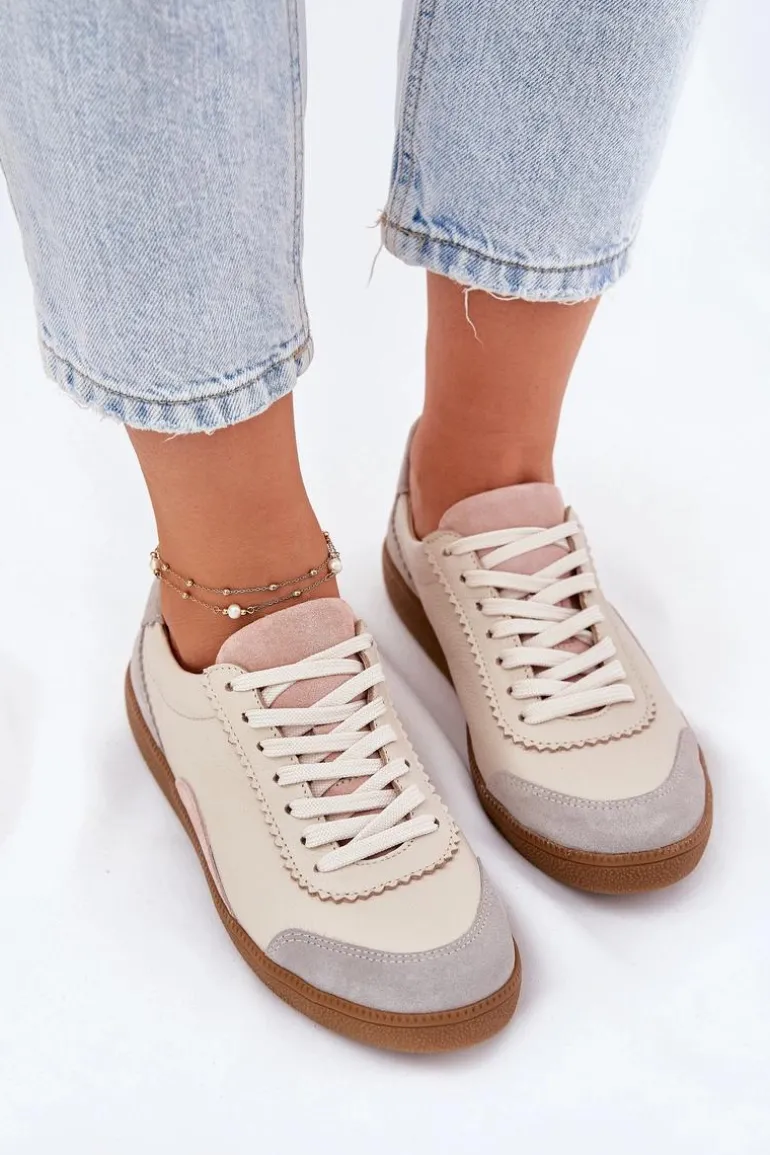 Skórzane Sneakersy Damskie Zazoo N1220 Beżowe