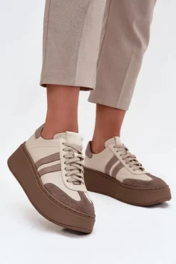 Skórzane Sneakersy Damskie Na Platformie Zazoo 3775 Beżowe