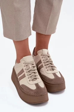 Skórzane Sneakersy Damskie Na Platformie Zazoo 3775 Beżowe