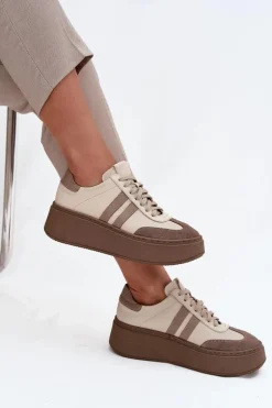 Skórzane Sneakersy Damskie Na Platformie Zazoo 3775 Beżowe