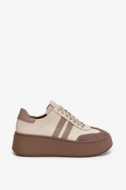 Skórzane Sneakersy Damskie Na Platformie Zazoo 3775 Beżowe