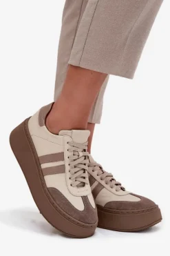 Skórzane Sneakersy Damskie Na Platformie Zazoo 3775 Beżowe