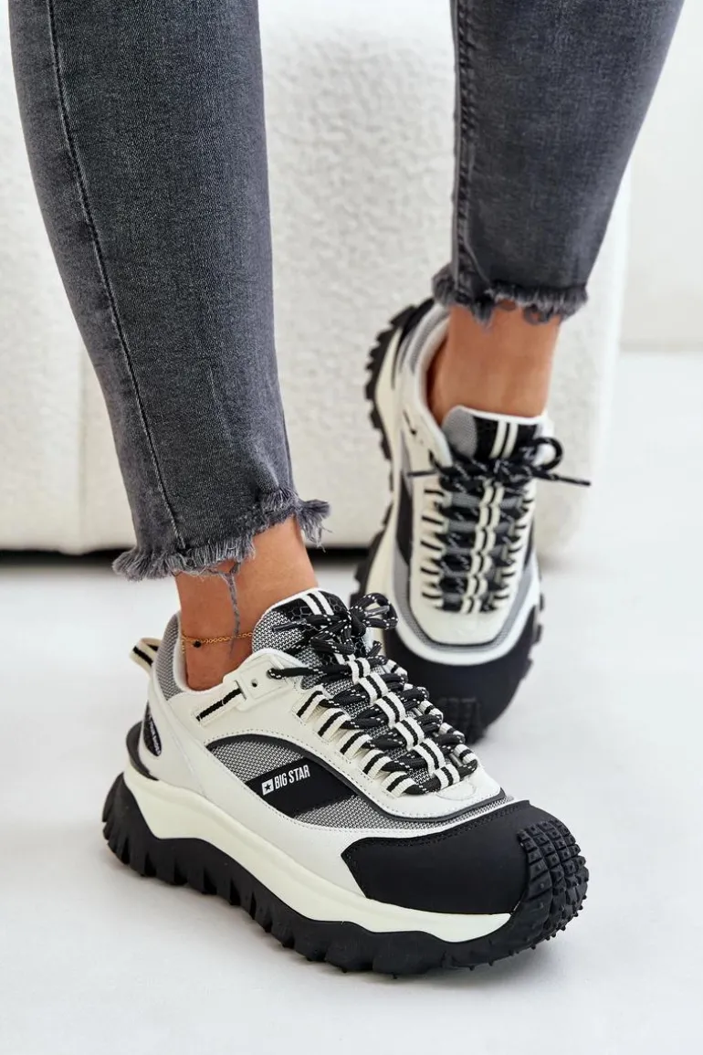 Skórzane Sneakersy Damskie Na Platformie Big Star OO274A220 HI-POLY SYSTEM Biało-Czarne