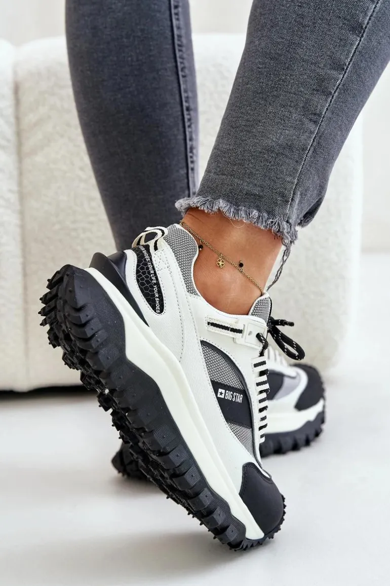 Skórzane Sneakersy Damskie Na Platformie Big Star OO274A220 HI-POLY SYSTEM Biało-Czarne