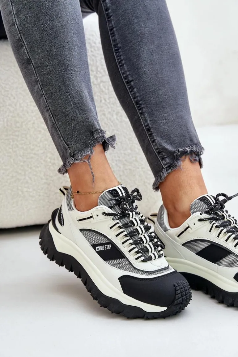 Skórzane Sneakersy Damskie Na Platformie Big Star OO274A220 HI-POLY SYSTEM Biało-Czarne