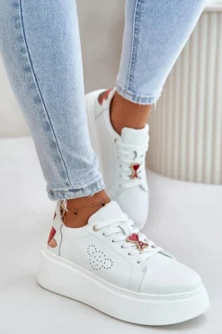Skórzane Sneakersy Damskie Na Platformie Z Przypinką I Ozdobnym Kwiatem 89100 Białe