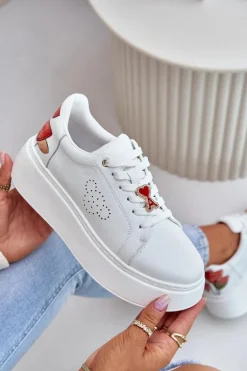 Skórzane Sneakersy Damskie Na Platformie Z Przypinką I Ozdobnym Kwiatem 89100 Białe