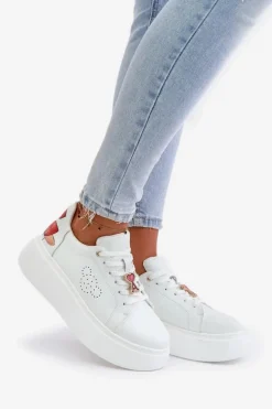 Skórzane Sneakersy Damskie Na Platformie Z Przypinką I Ozdobnym Kwiatem 89100 Białe