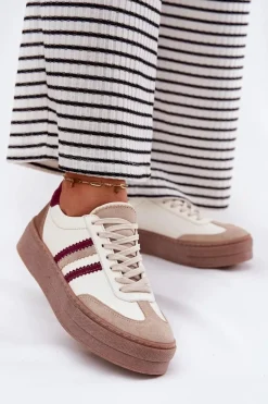 Skórzane Sneakersy Damskie Na Platformie Zazoo N1234 Beżowo-Bordowe