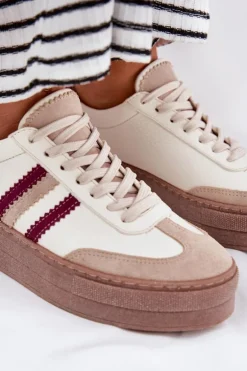 Skórzane Sneakersy Damskie Na Platformie Zazoo N1234 Beżowo-Bordowe