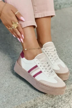 Skórzane Sneakersy Damskie Na Platformie Zazoo N1234 Beżowo-Bordowe