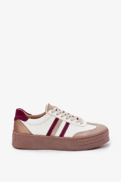 Skórzane Sneakersy Damskie Na Platformie Zazoo N1234 Beżowo-Bordowe