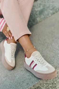 Skórzane Sneakersy Damskie Na Platformie Zazoo N1234 Beżowo-Bordowe