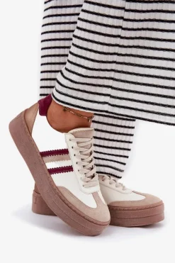 Skórzane Sneakersy Damskie Na Platformie Zazoo N1234 Beżowo-Bordowe