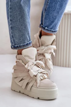 Skórzane Sneakersy Damskie Na Masywnej Platformie CheBello 4561 Beżowe