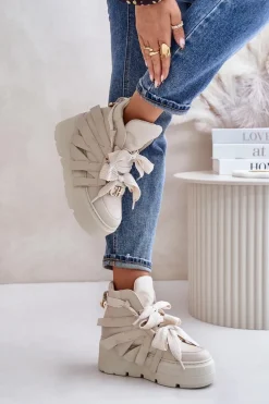 Skórzane Sneakersy Damskie Na Masywnej Platformie CheBello 4561 Beżowe