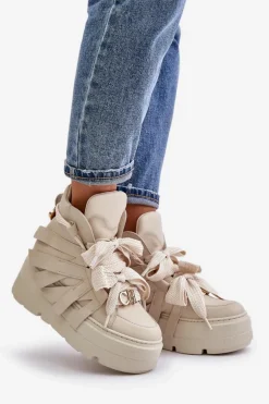 Skórzane Sneakersy Damskie Na Masywnej Platformie CheBello 4561 Beżowe