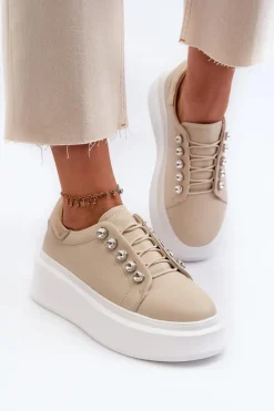 Skórzane Sneakersy Damskie Na Masywnej Platformie Beżowe S.Barski LR628