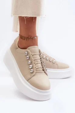 Skórzane Sneakersy Damskie Na Masywnej Platformie Beżowe S.Barski LR628