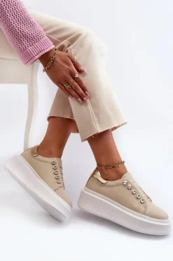 Skórzane Sneakersy Damskie Na Masywnej Platformie Beżowe S.Barski LR628