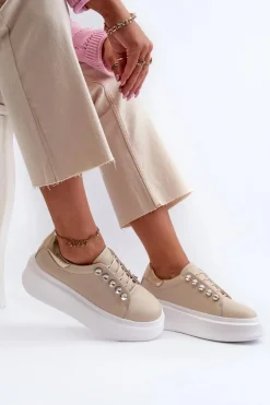 Skórzane Sneakersy Damskie Na Masywnej Platformie Beżowe S.Barski LR628