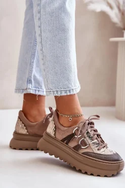 Skórzane Sneakersy Damskie Na Platformie Maciejka 06562-10 Ciemnobeżowe