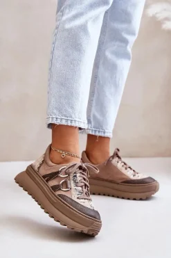 Skórzane Sneakersy Damskie Na Platformie Maciejka 06562-10 Ciemnobeżowe