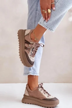 Skórzane Sneakersy Damskie Na Platformie Maciejka 06562-10 Ciemnobeżowe