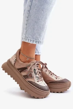 Skórzane Sneakersy Damskie Na Platformie Maciejka 06562-10 Ciemnobeżowe