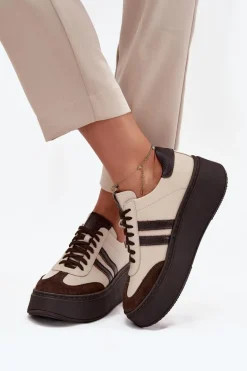 Skórzane Sneakersy Damskie Na Platformie Zazoo 3775 Beżowo-Czekoladowe
